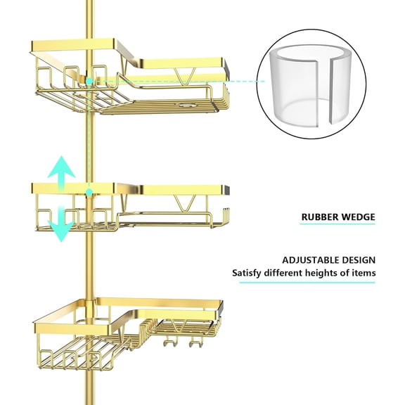 Gold Stainless Steel Corner Shower Caddy, Adjustable Tension Pole 22-114.2" Bathroom Organizer with Shelves for Tub & Shower Storage