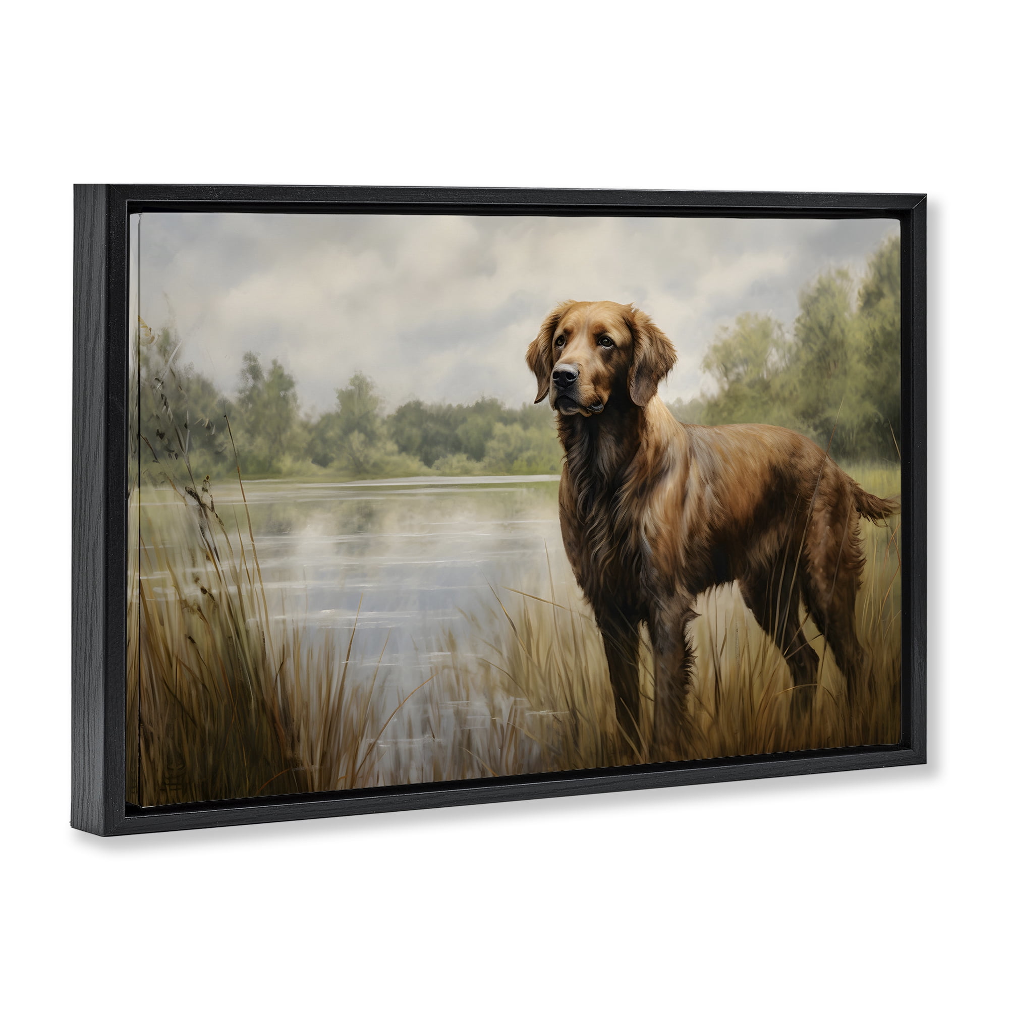 Stupell Industries Retriever Dog & Pond Landscape Painting Black Floater Framed Canvas Art Print Wall Art, 25 x 17