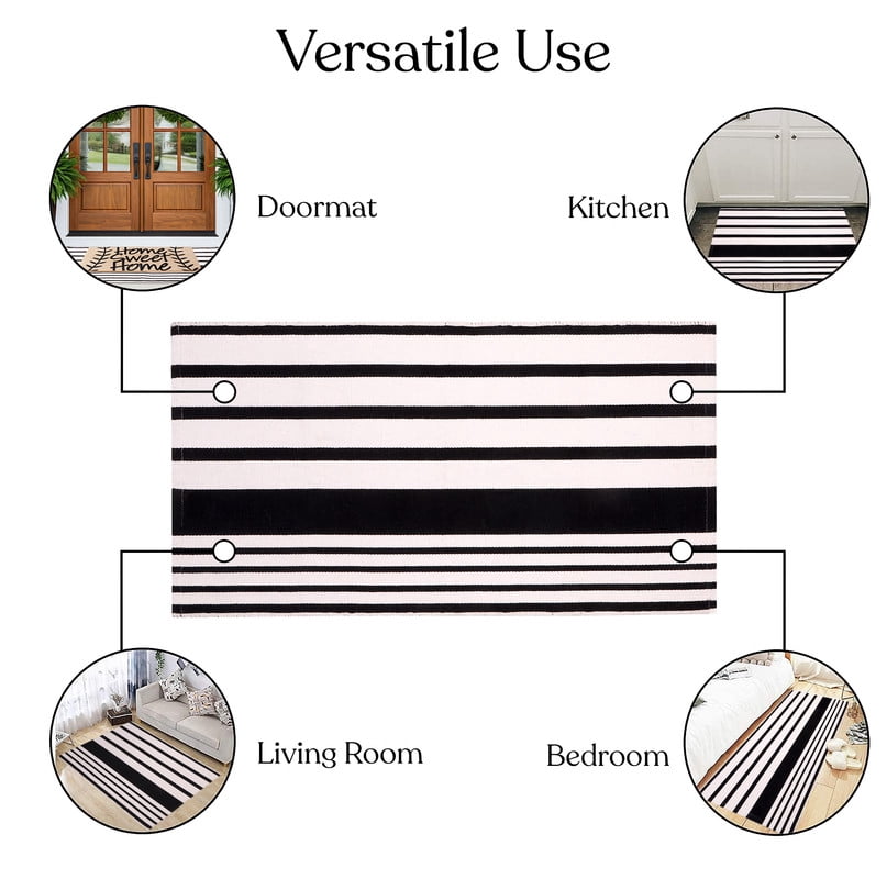 A1HC Coir Welcome Mat and Black & White Striped Cotton Rug Combo Set, 24"x36" & 24"x51", Hand-Woven Washable Entryway Décor