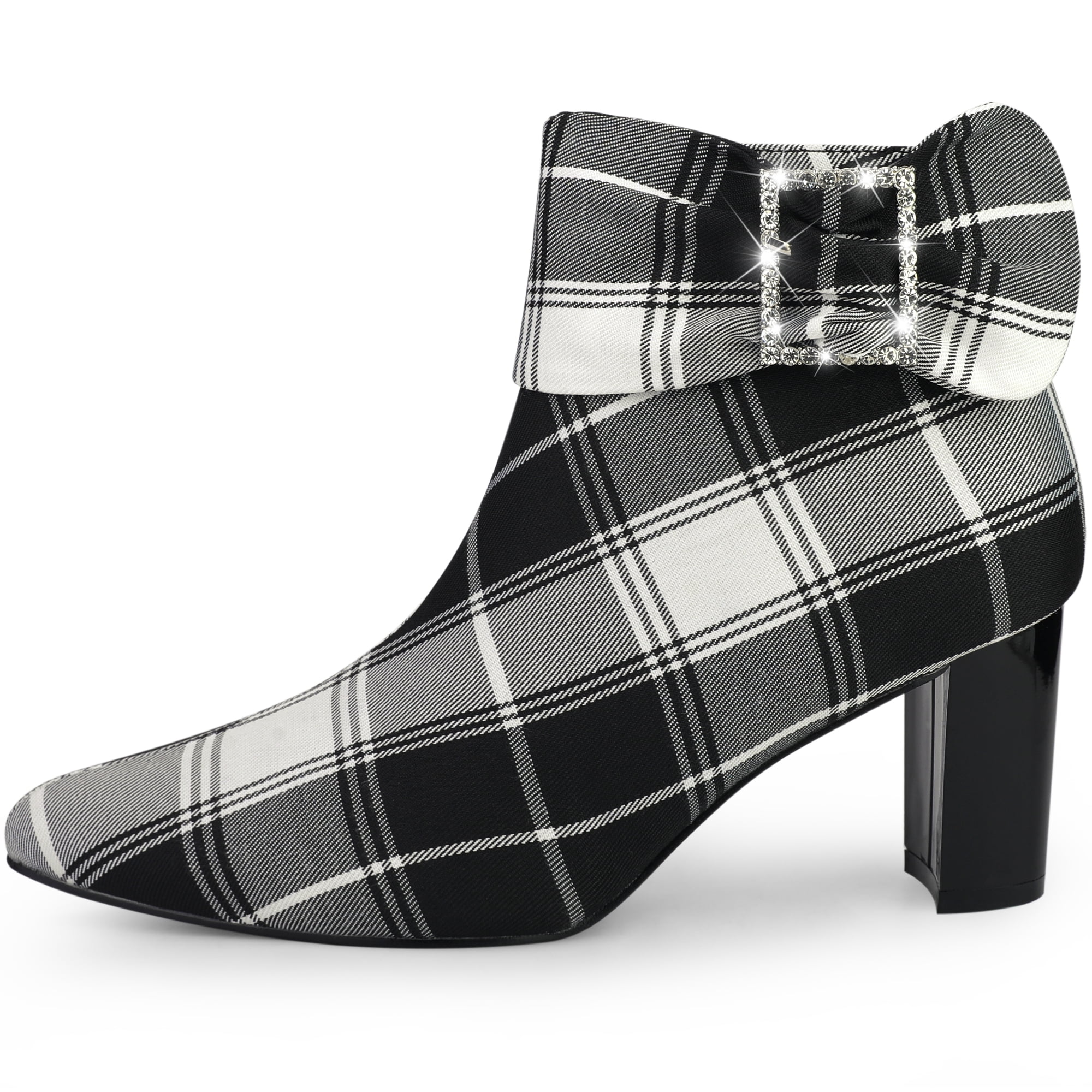 Unique Bargains Plaid Pointy Toe Bow Decor Zipper Chunky Heels Ankle Boots for Women Black 8