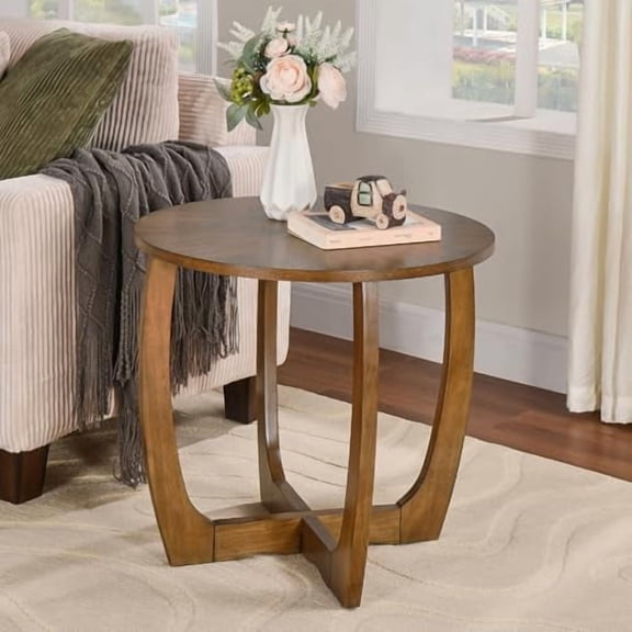 LEEMTORIG Round Wood End Table, Mid Century Modern Round Walnut End Table for Living Room, 23.6" Dia. Large Circle Drum End Table with Cross Legs, Easy Assembly,  Walnut CJZ-3223
