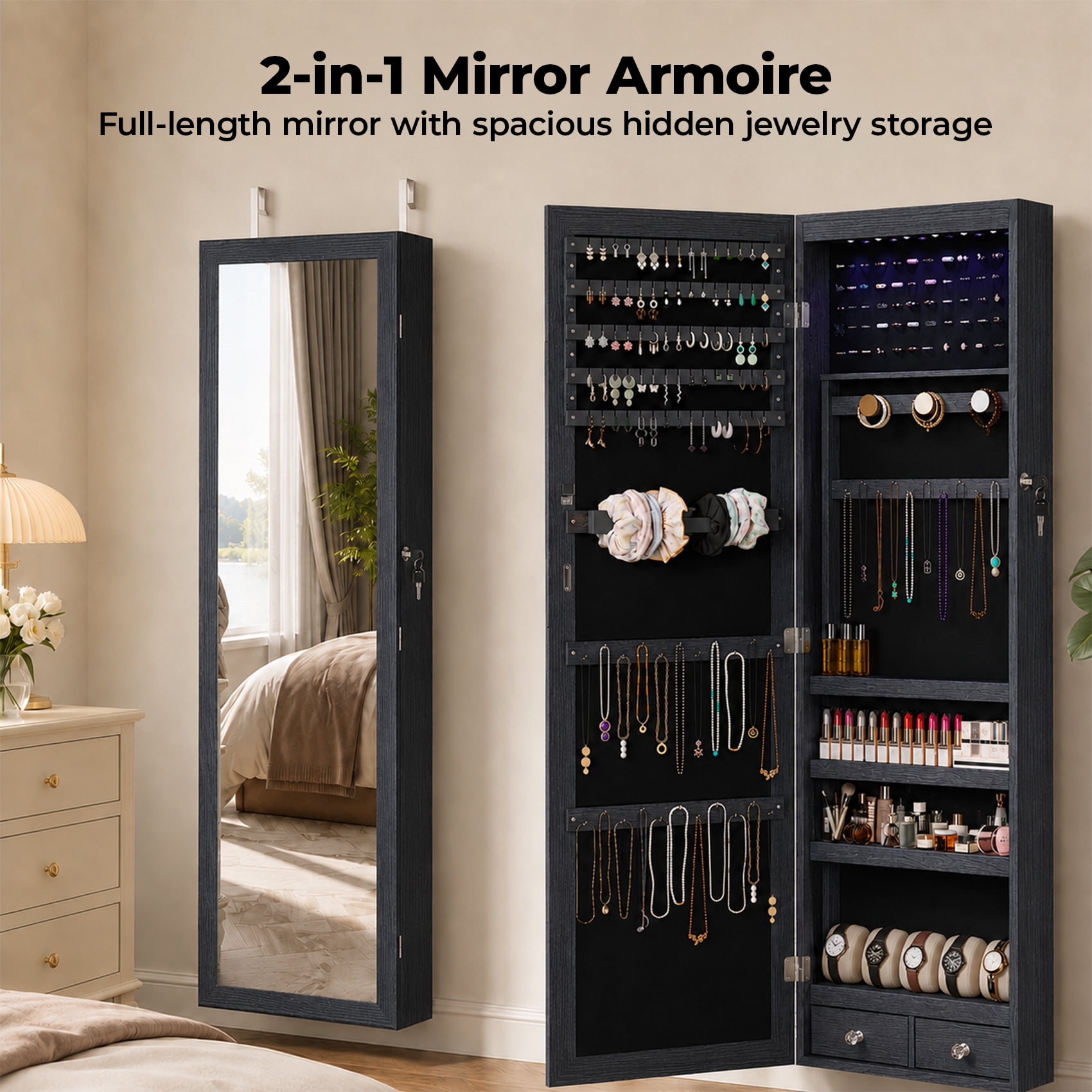 Alvantor Jewelry Organizers and Storage, 47.2-Inch Tall Lockable Wall or Door Mounted Jewelry Armoire Organizer with Mirror, 2 Drawers, 6 LEDs Mirror Jewelry Cabinet