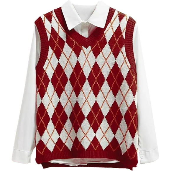 pels Argyle Sweater Vest Women y2k Plaid Knitted Streetwear Preppy Style V Neck Crop Knitwear School Tank Top for Girl Red,White X-Large