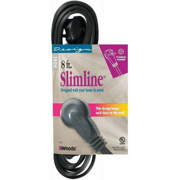 SlimLine 2243 Flat Plug 8&apos; Extension Cord, 3-Wire, Black, 2 PACK