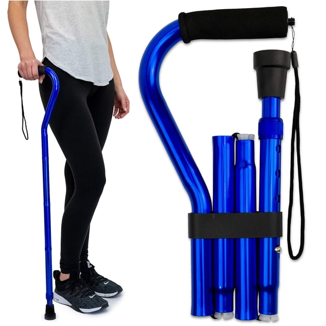 Bastón plegable RMS con mango de espuma descentrado, ajustable y con funda de transporte (azul)