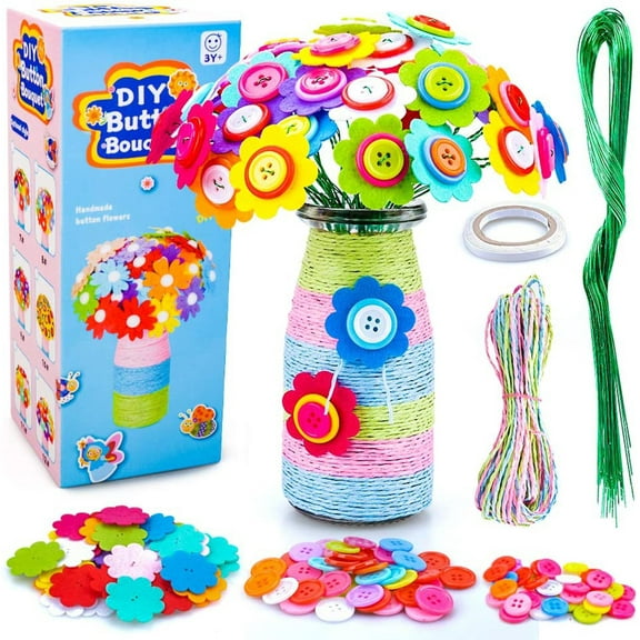 SAYLITA Flower Craft Kits for Kids Teacher's Day Gift DIY Vase Craft Project with Buttons and Felt Flowers - Make Your Own Flower Bouquet - Fun Gift for Boys, Girls Age 4 5 6 7 8 9 Years Old