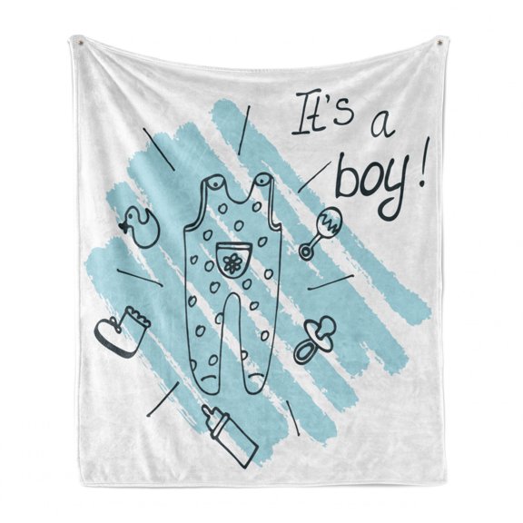 Gender Reveal Soft Flannel Fleece Throw Blanket, Its Boy Words Clothes Parenthood Theme Baby Paintbrush Style Illustration, Cozy Plush for Indoor and Outdoor Use, 70" x 90", Turquoise, by Ambesonne