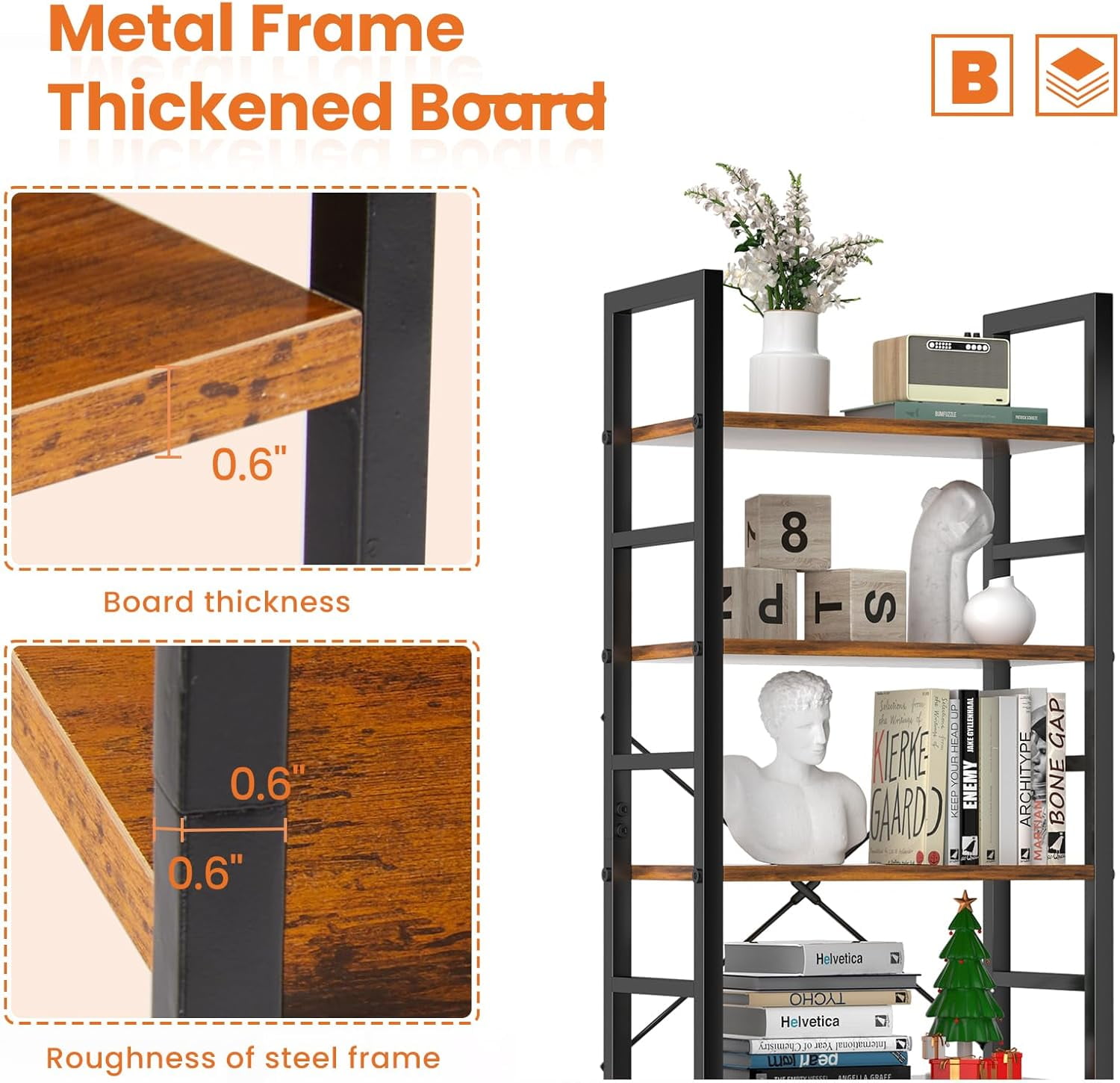 5 Tier Wooden Bookshelf Storage Shelves Organizer Retro Bookshelf Plant Display Shelf for Living Room Home Office Balcony - Rust Brown