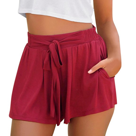 xingwang Clearance Plus Size Shorts for Women High Waisted,Women High Waisted Wide Leg Pants Fashion Drawstring Elastic Trousers Comfy Straight Leg Shot Pants With Pockets Red XL