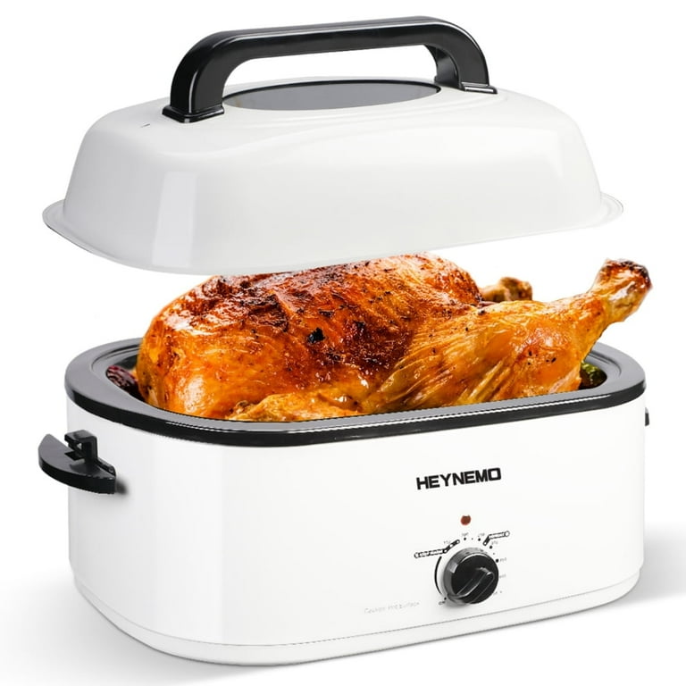 CozyHom 26 Quart Electric Turkey Roaster Oven Stainless Steel Portable Roaster Oven Self Basting Lid Removable Insert Pot White