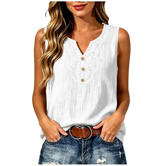 Karymi Blouses for Women Dressy Casual Sleeveless Lace Trim V‑Neck Tank Top, Solid Fake Linen Crinkle Textured Loose‑Fit Casual Vest, Relaxed Wide Strap Sleeveless Top Womens Summer Tops