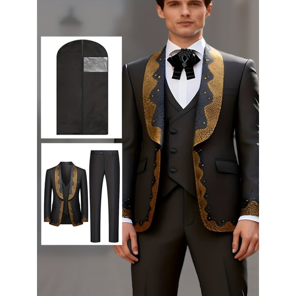 Beauty-Emily Men's 3-Piece Suit Set with Gold Accents – Blazer, Vest & Pants with Dust Bag, Formal Outfit for Wedding, Business & Gala