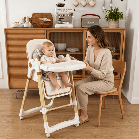 HAOMINS 2-in-1 Baby High Chair, Portable Foldable Highchair with 5-Point Harness, Adjustable Tray, Reclining Seat and Locking Wheels for 6 Months-3 Years