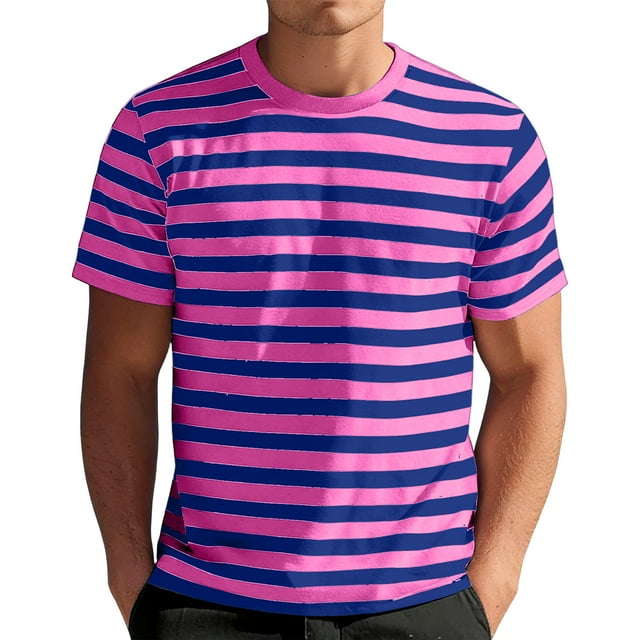 T-Shirt Décontracté à Rayures pour Hommes, Col Rond, Manches Courtes, Tissu Doux, Été, Décontracté et Décontracté, Violet, m
