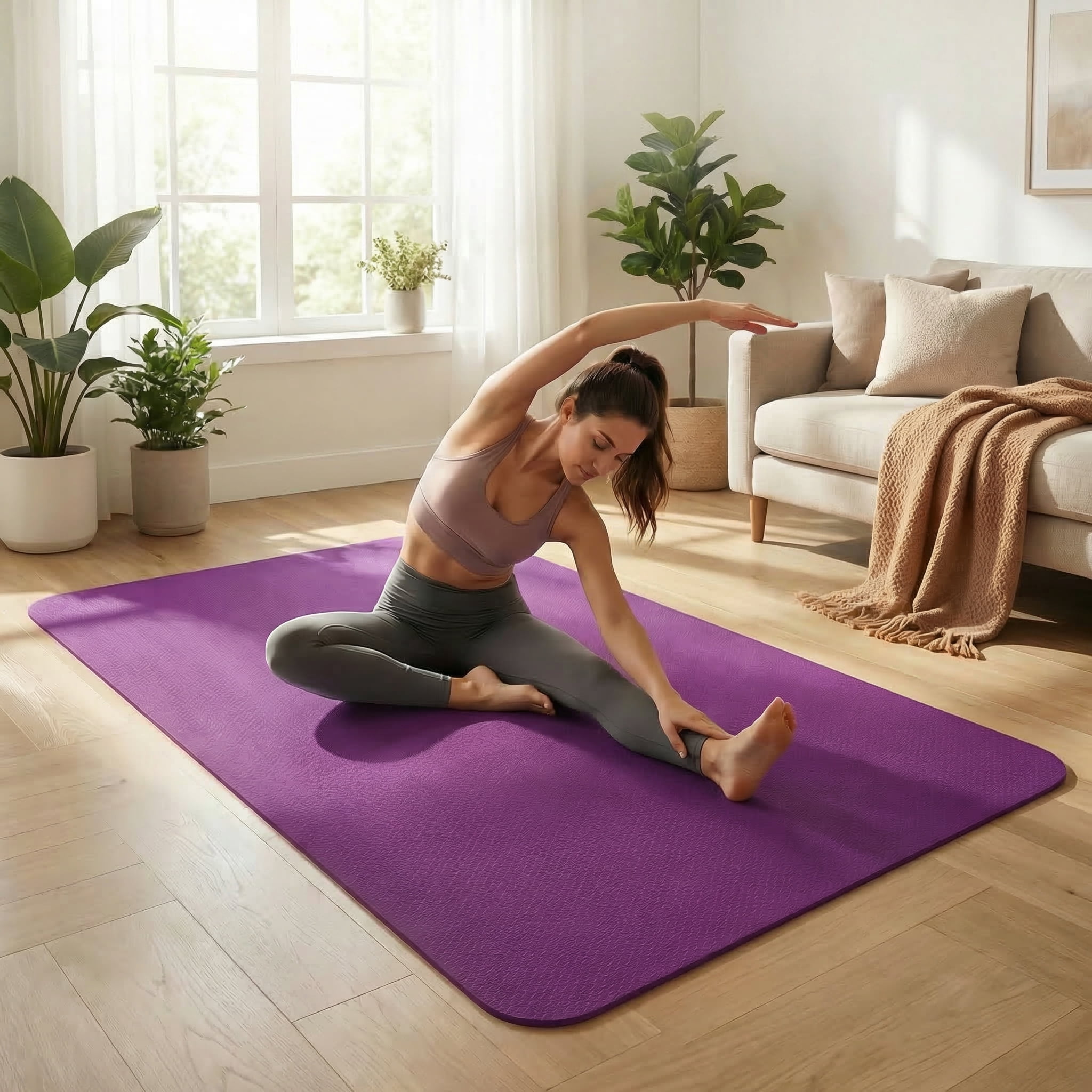 FrenzyBird Large Yoga Mat 6'x4' (72"x48") 183x122cm, 1/4" & 1/3" Thick TPE Non-Slip Extra Wide Exercise Mat, Big Home Workout Mat for Yoga, Pilates, Gym & Floor Workouts for Women & Men（6mm Purple）
