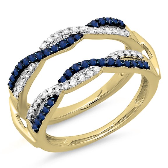 Dazzlingrock Collection 14K Blue Sapphire & White Diamond Wedding Band Guard Double Band 1/2 CT, Yellow Gold, Size 9.5