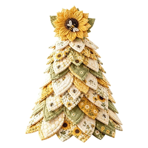 ZIDIFA Christmas Tree Decor, Christmas Decor, Sunflower Bee DIY Quilted Tree Sewing Kit, 3D Patchwork Fabric Cone Tree Craft Set, Cottage Style Tabletop Ornament for Home Farmhouse Decor 11.81*5.91in