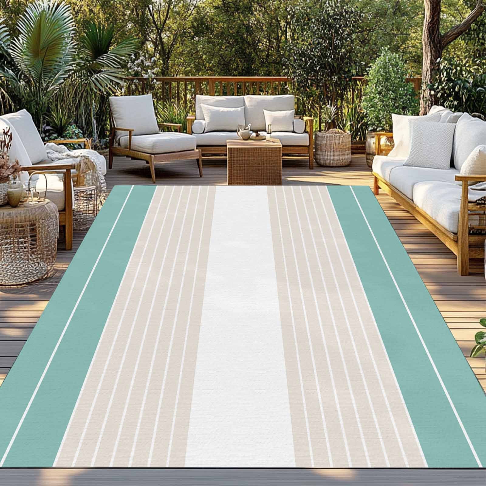 Turquoise Beige Stripe Outdoor Rug 5x7 Ft - Reversible Patio Rug Outdoor Camping Rugs, Modern Art Horizontal Striped Washable Indoor Outdoor Area Rugs, Non-Slip Outdoor Carpet Runner for Deck/Porch