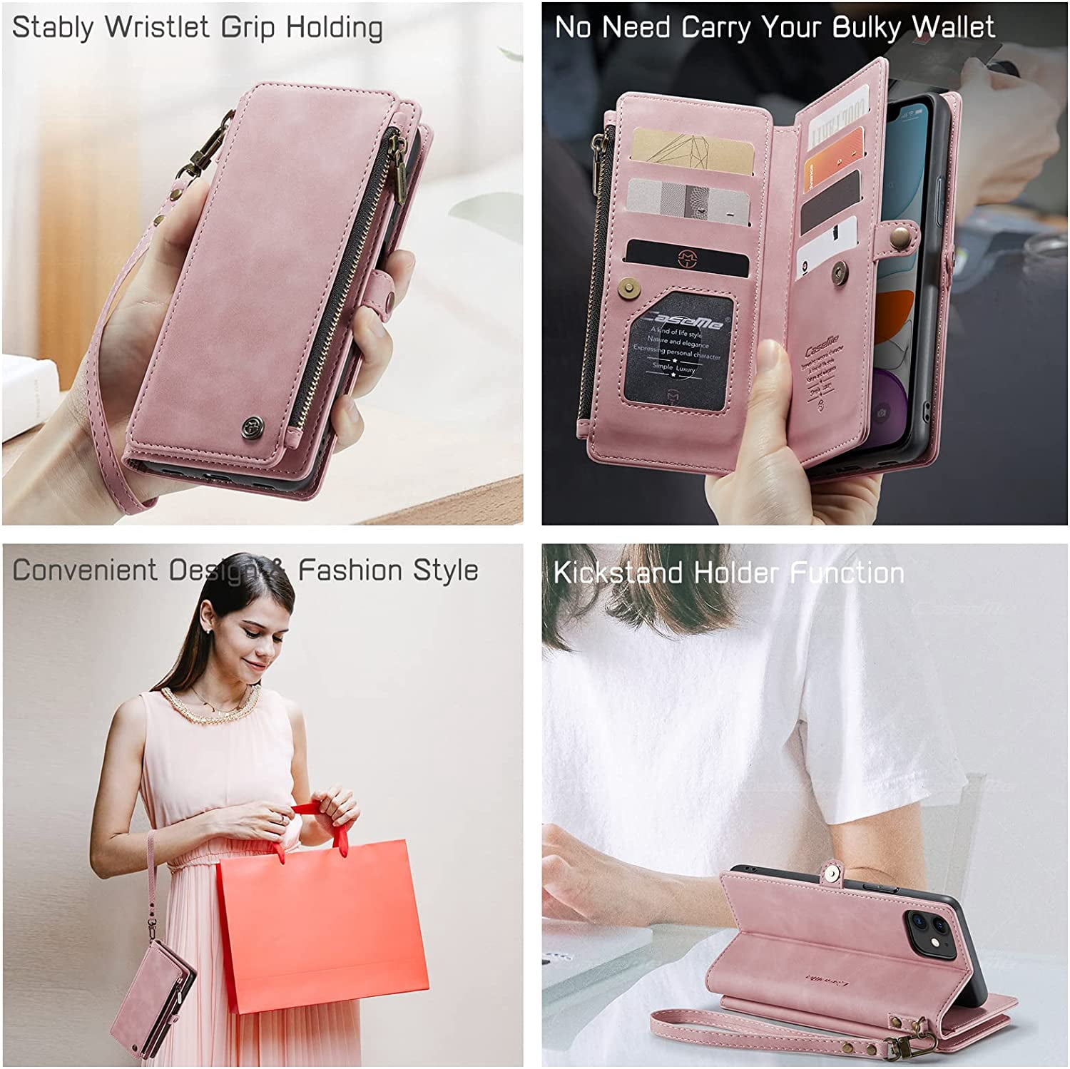 Ozmatip Magnetic Leather Flip Cell Phone Case with Lanyard Strip for Apple iPhone 11, Rose Pink