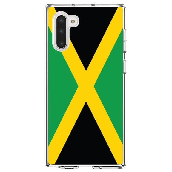 DistinctInk Clear Shockproof Hybrid Case for Samsung Galaxy Note 10 (6.3" Screen) - TPU Bumper, Acrylic Back, Tempered Glass Screen Protector - Jamaica Flag Black Green Yellow - Jamaica