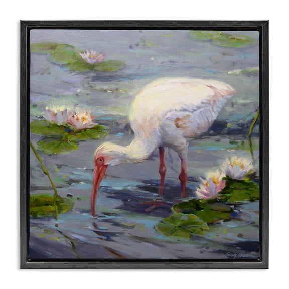Stupell Industries Coastal Water Bird with Pond Lilies Black Floating Frame Canvas Art, 18 x 18, by Sandy Nelson