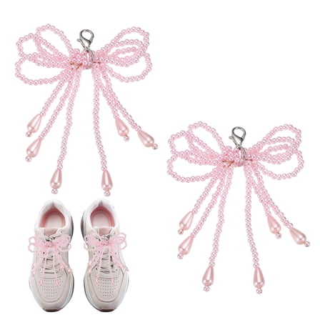 2 Pcs Pearl Bow Shoe Charm for Sneakers Tassel Bowknot Shoes Decoration Buckle Pearl Beaded Chain for DIY Dress Shoelace Accessories Gift Jewelry Clothes, Pink