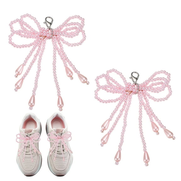 2 Pcs Pearl Bow Shoe Charm for Sneakers Tassel Bowknot Shoes Decoration Buckle Pearl Beaded Chain for DIY Dress Shoelace Accessories Gift Jewelry Clothes, Pink