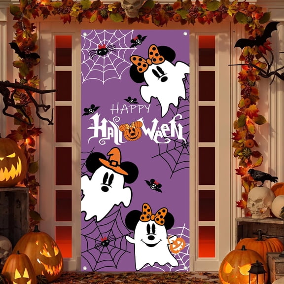 Happy Halloween door cover, spider web purple ghost design, indoor holiday decoration banner, Halloween porch logo decoration, (70.8X35.4 inches)