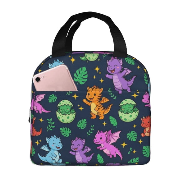 Dinosaurs Insulated Lunch Bag Cute Cartoon Pattern Reusable Cooler Tote with Front Pocket Handheld Portable Meal Prep Bag for Work Office Daily Picnic