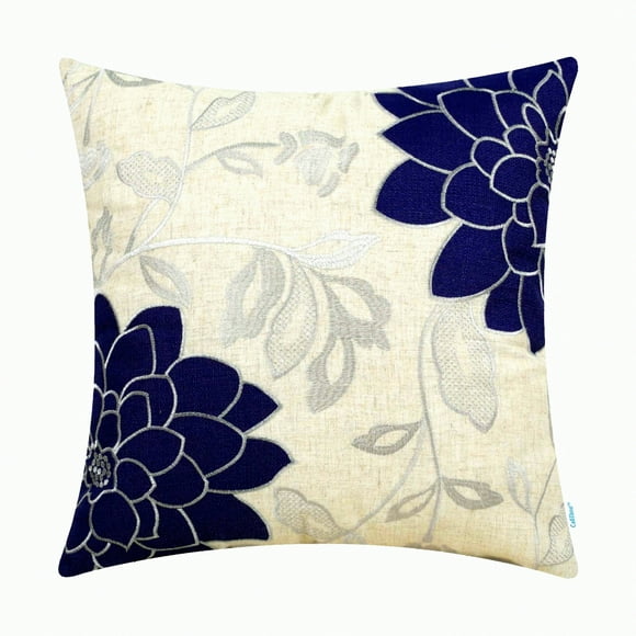 Housse de Coussin Brodée Florale Vintage Dahlia - Bleu Marine & Argent - 20x20 Pouces - Décoration Maison Canapé - Haute Qualité