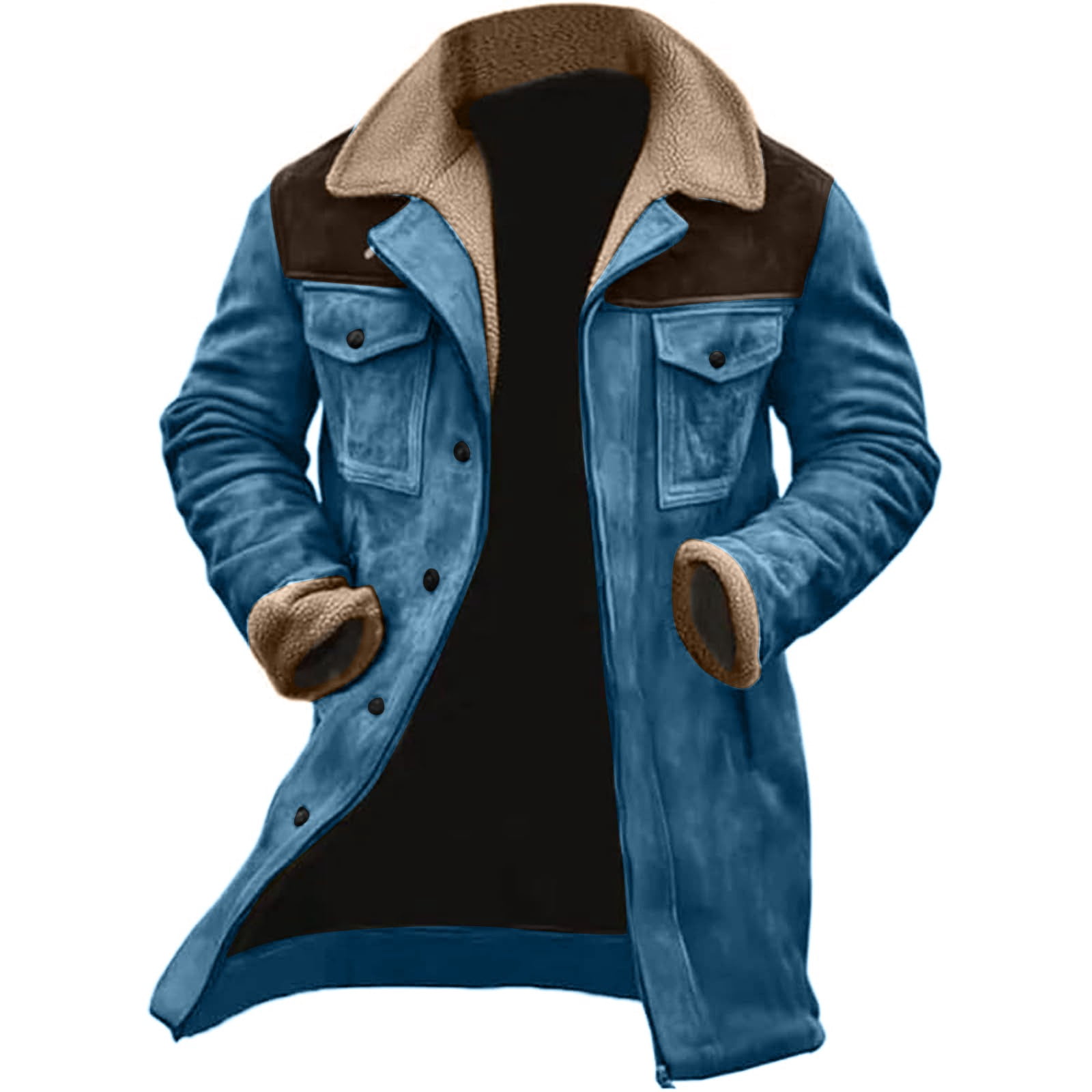 Western Jackets for Men Vintage Cowboy Suede Jacket Plush Collar Coats Faux Leather Zip Up Casual Retro Winter Tops Blue 3XL