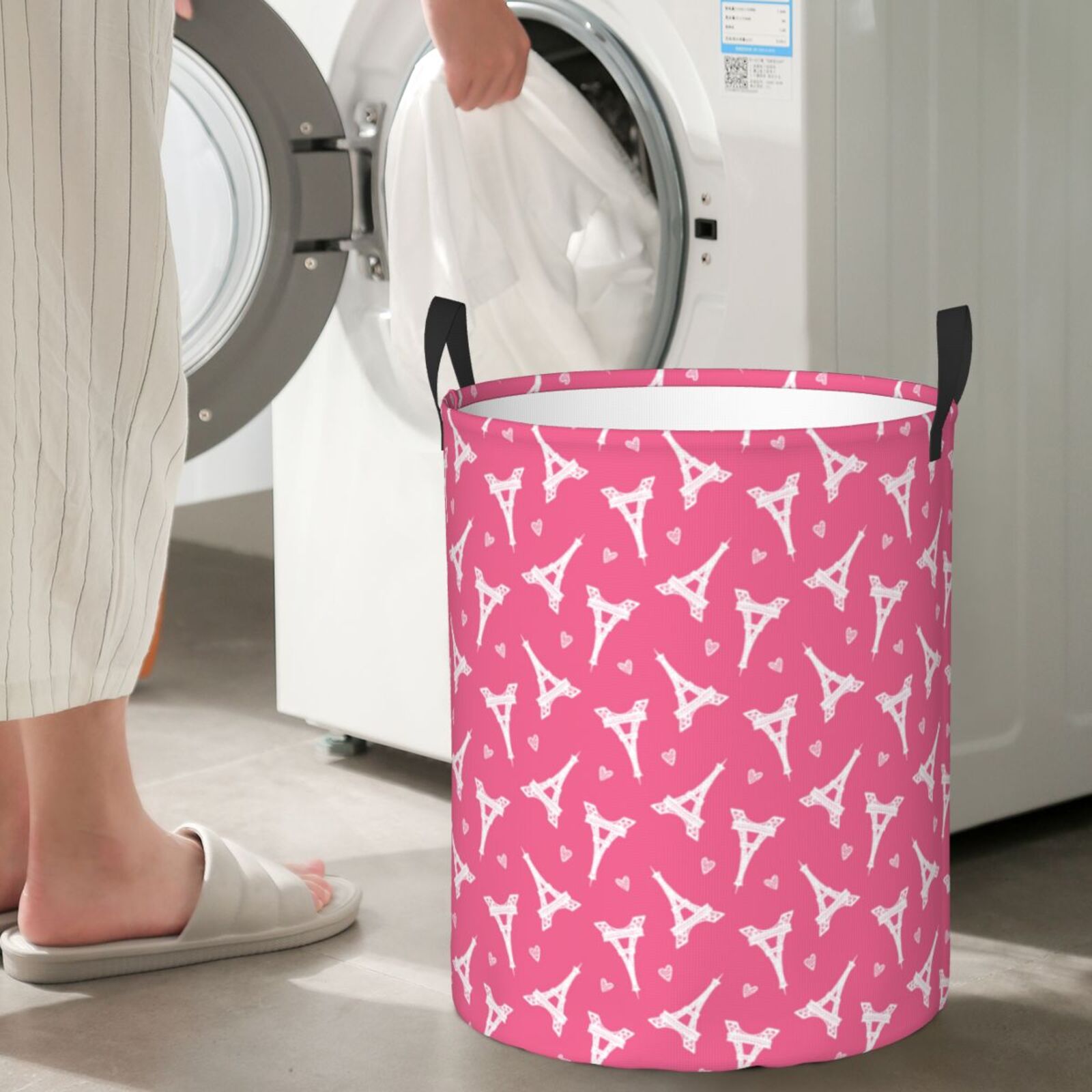 Large Laundry Basket with Handles - pink Eiffel Tower Kids Baby Dirty Clothes Laundry Hamper for Bedroom Aesthetic