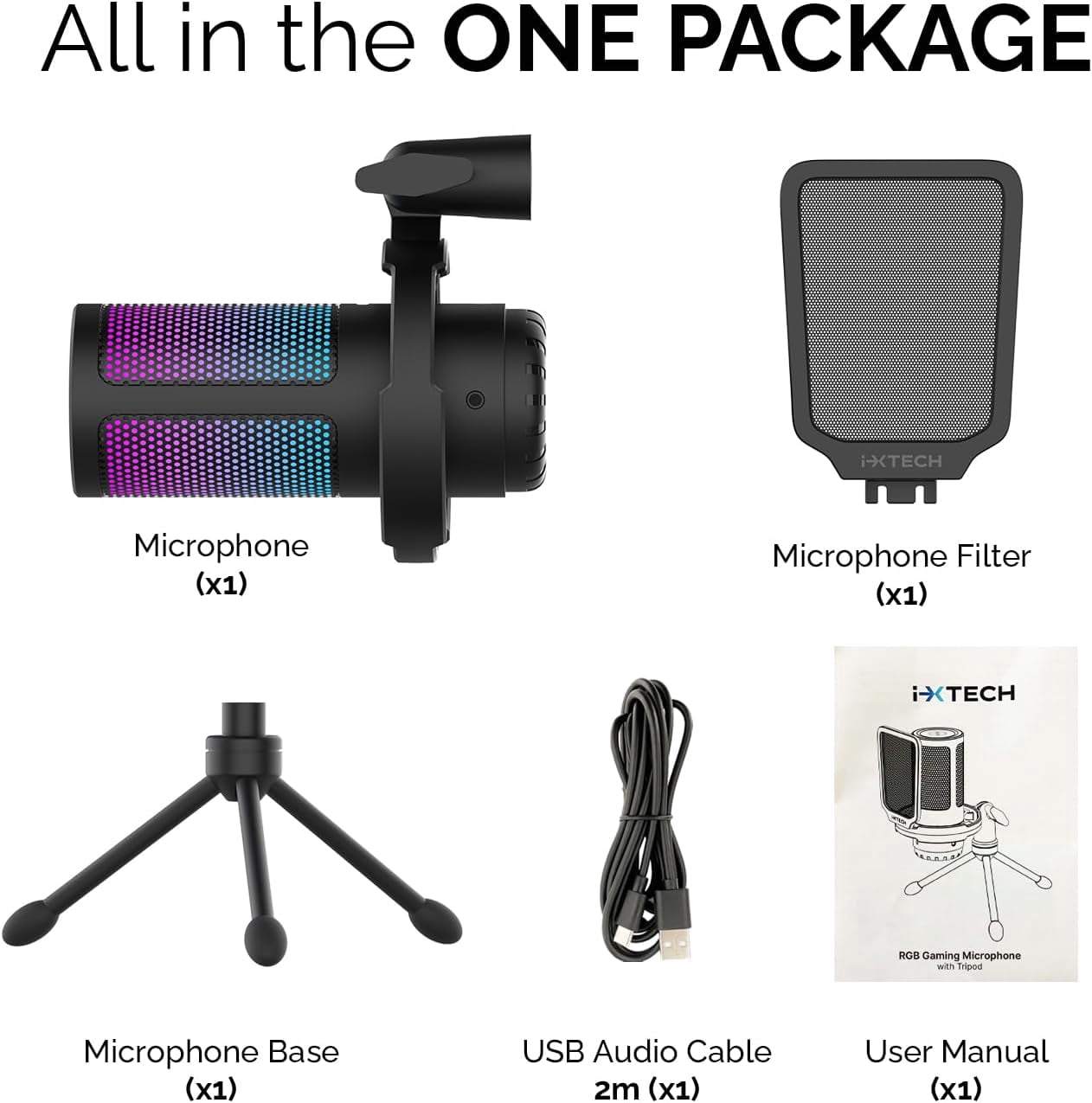 IXTECH USB Gaming Microphone for PC, RGB Condenser Microphone with Tripod Stand, Pop Filter, Rotate Gain Button, and Quick Mute, Noise Cancellation Computer Mic for Streaming, Gaming, Podcasting