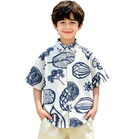 BRGZLK Boys Hawaiian Shirts Trendy Tropical Relaxed Fit Short Sleeve Button Down Tops Casual Floral Beach Shirt for Kids Summer Vacation Blue 8-9Y
