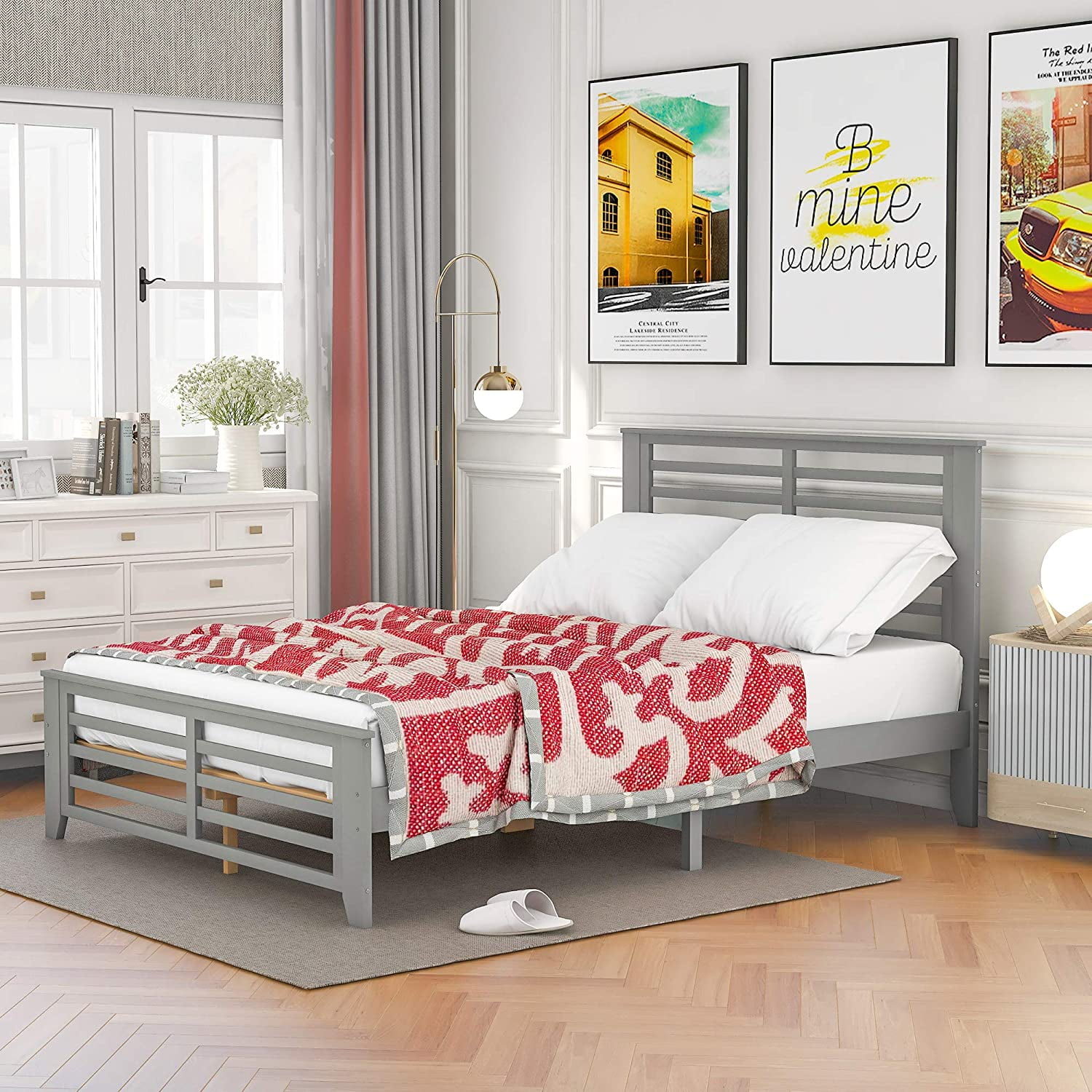 Platform Bed Frame with Headboard, Heavy Duty Wood Bed with Horizontal
