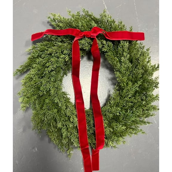 Artificial Norfolk Pine Wreath, Christmas Cedar Wreath with Velvet Bow Real Touch Faux Greenery Holiday Front Door Decoration for Indoor Outdoor Use