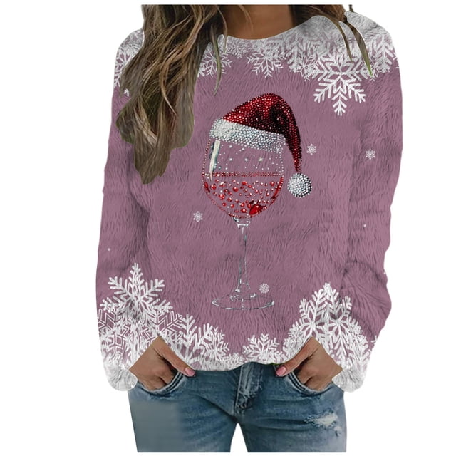 WEAIXIMIUNG Sweat-Shirt Décontracté de Noël pour Femmes Col Rond Manches Longues avec Imprimé Velours Double Face