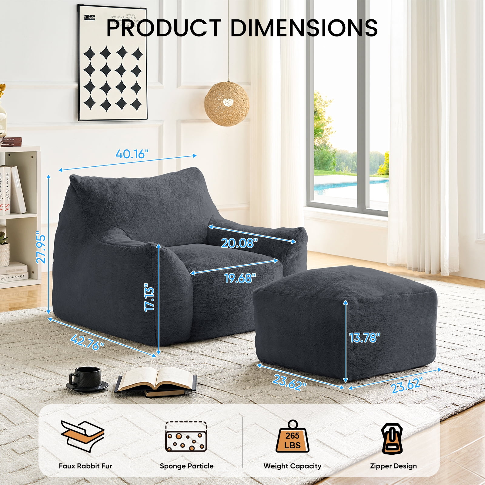 BALUS 42" Faux Fur Bean Bag Chair with 23" Ottoman and Armrests, Bean Bag Chair for Adults, Comfy Chair with Armrests for Bedroom, Dark Gray
