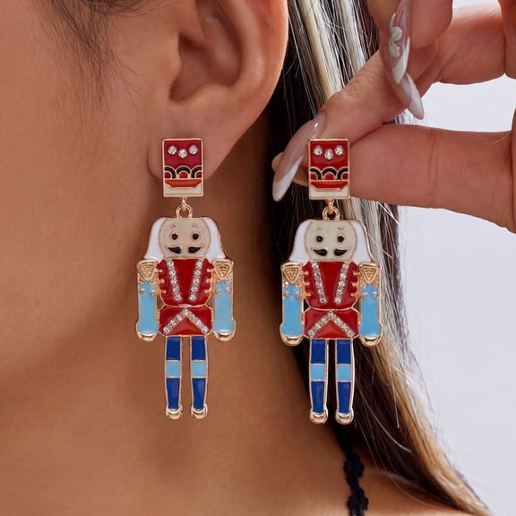 NICKSUN Christmas Nutcracker Soldier Dangle Earrings for Women, Colorful Enamel Rhinestone Inlay Drop Earrings, Novelty Xmas Holiday Statement Costume Earrings for Party Holiday Gift