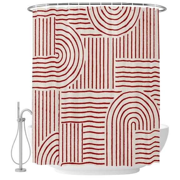 Small Stall Shower Curtain 36x72 Inch Narrow Half Size Red Boho Bath Curtains Bathroom Decor, Abstract Geometric Curves Lines Modern Waterproof Fabric Shower Curtain Set with Hooks 36 Inch