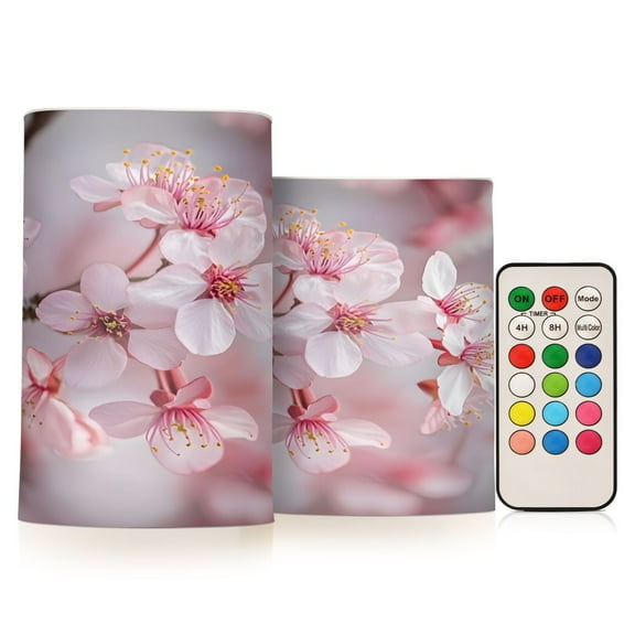 ALAZA Beautiful Cherry Flower Blooming 2 PCs LED Flickering Flameless Candles with Remote Timer Battery Operated Candle
