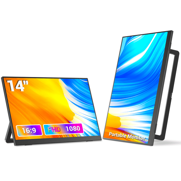 14 Inch Ultra-Slim IPS Portable Monitor | FHD 1920×1080P, Built-in Kickstand & Speakers | USB-C/HDMI Travel Monitor for Laptop, PC, Phone & Mac