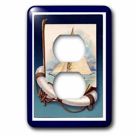 2 Vintage Anchor - 3dRose Vintage Sailboat n Anchor With Navy Blue Frame - 2 Plug Outlet Cover (lsp_44760_6)