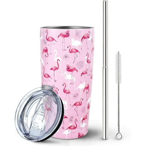 Pink Flamingo Tumbler with Lid and Straw, Flamingo Gifts for Women Girls Flamingo Lovers, Watercolor Flamingo Cup Water Bottle Coffee Mug Stainless Steel Vacuum Insulated Tumblers 20 Oz
