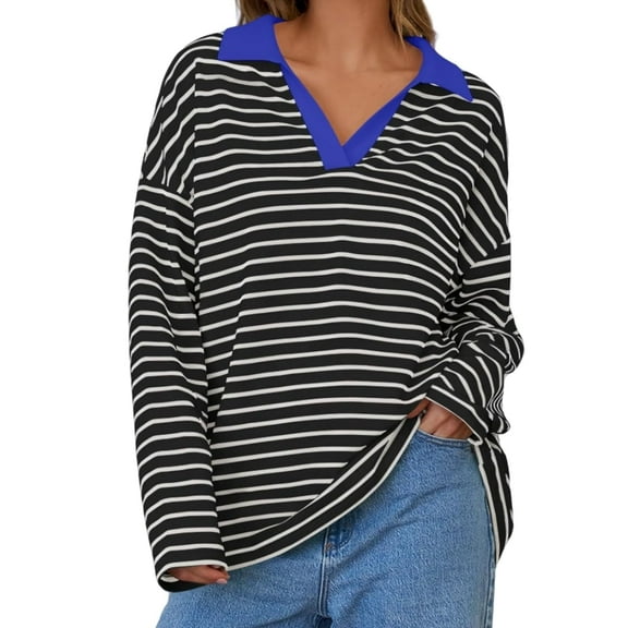 Women's Oversized Striped Sweatshirt Casual Long Sleeve V Neck Loose Fit Pullover Spring Tops Shirts