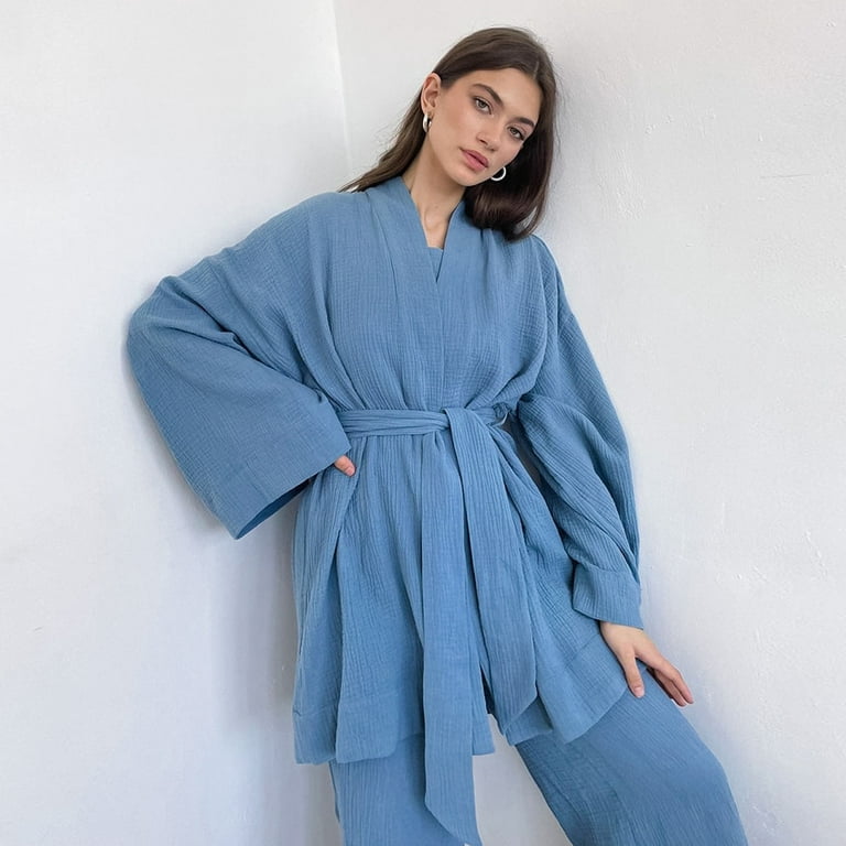 DanceeMangoo Cotton Sleepwear Women Pajama Robe Sets Flare Sleeve Nightgown  Set Woman 2 Pieces Robes Woman Lace Up Casual Trouser Suits