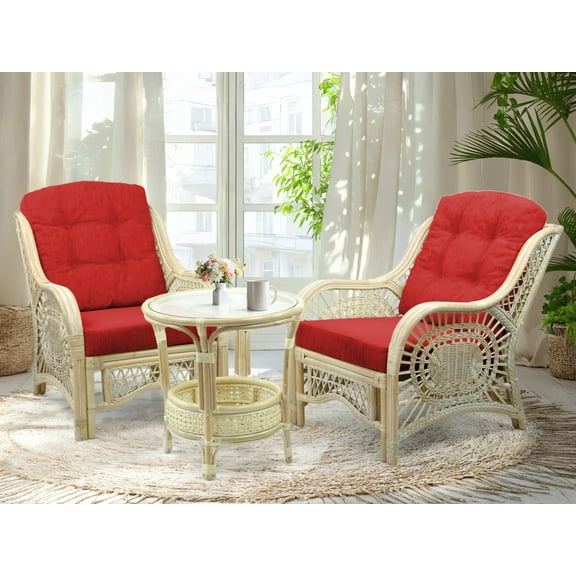 Malibu Set of 2 ECO Natural Rattan Wicker Chairs wi/Burgundy Cushions and Round Coffee Table, White Wash