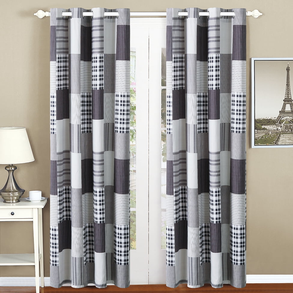 All American Collection Black and Grey Modern Plaid 4Piece Curtain Set