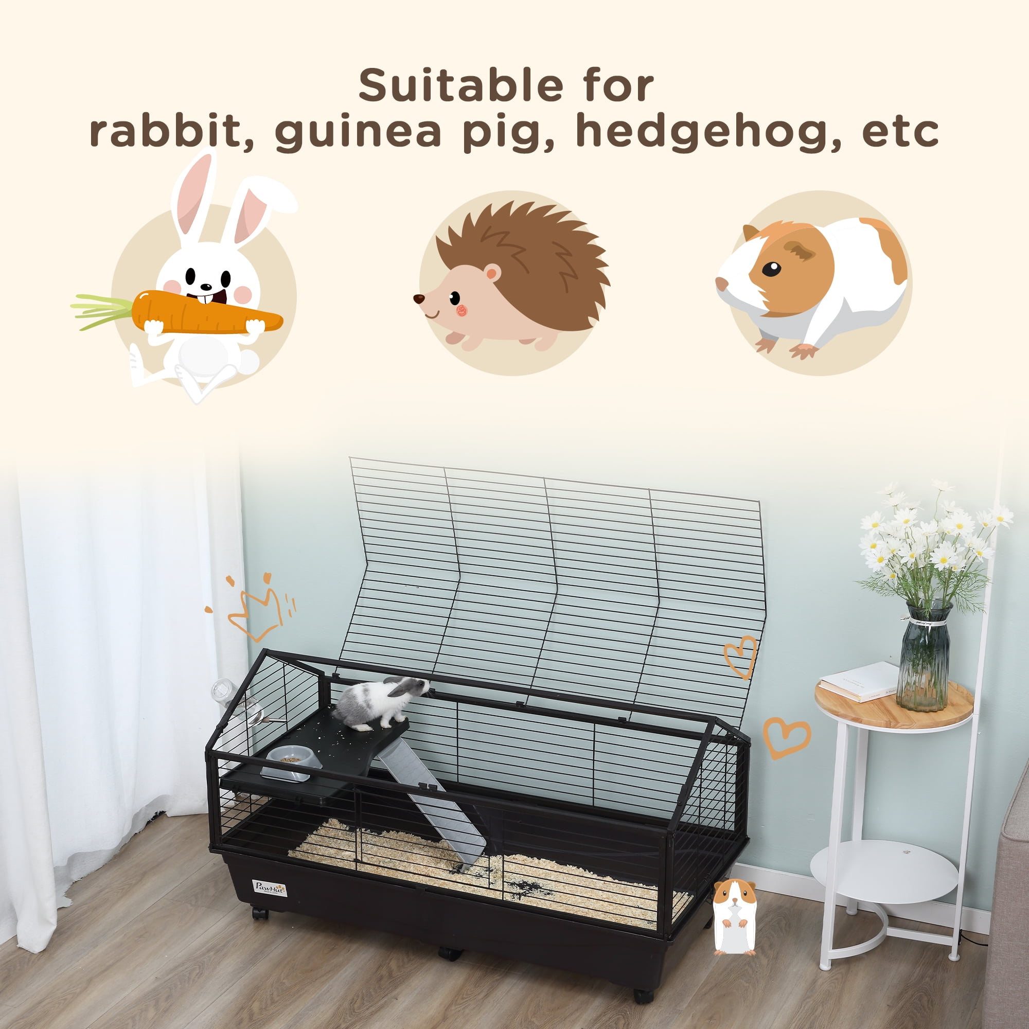 Pawhut Rolling Metal Small Animal Hutch Cage with Main House and Run, 47" L