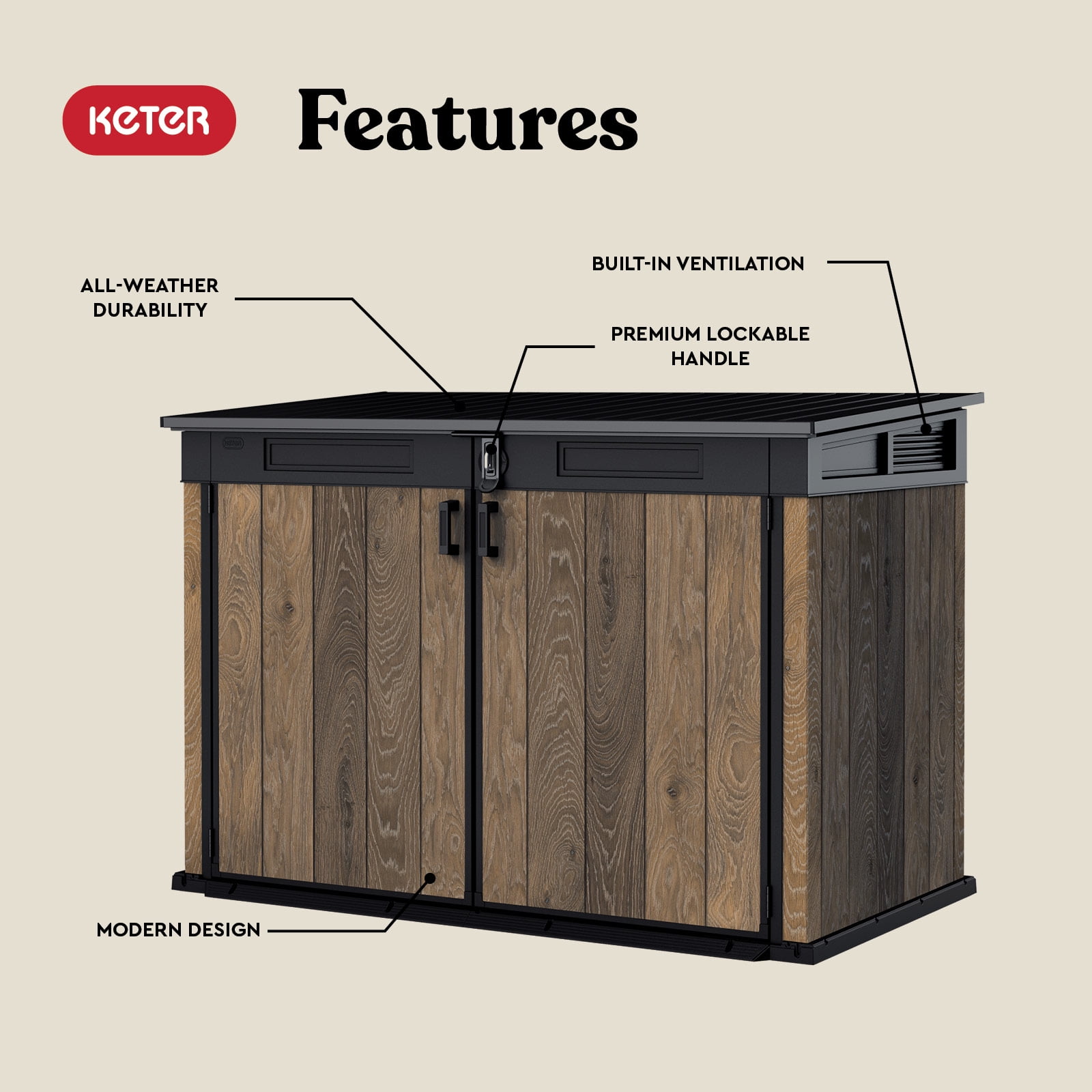 Keter Signature Horizontal Durable Resin Outdoor Storage Shed With Heavy Duty Floor and Locking Latch Double Doors, Walnut